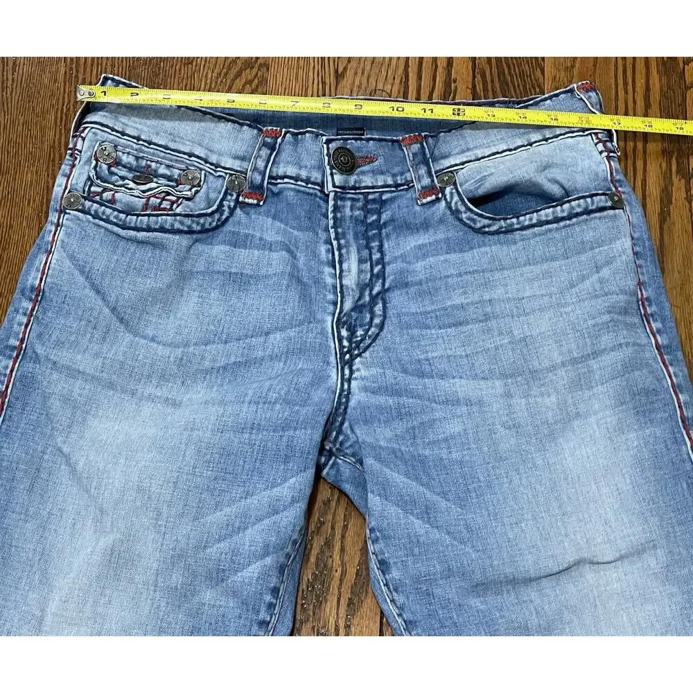 True Religion Ricky Blue Super T Relaxed Straight Flap Jeans Mens 33 Red Stitch